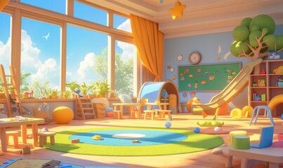 Vibrant Anime-Style 3D Playroom: Whimsical School Game Area for Children's Learning Adventures. Empty Classroom Awaits Back-to-School Magic. Perfect for Educational Marketing, Animated UI Design, and 