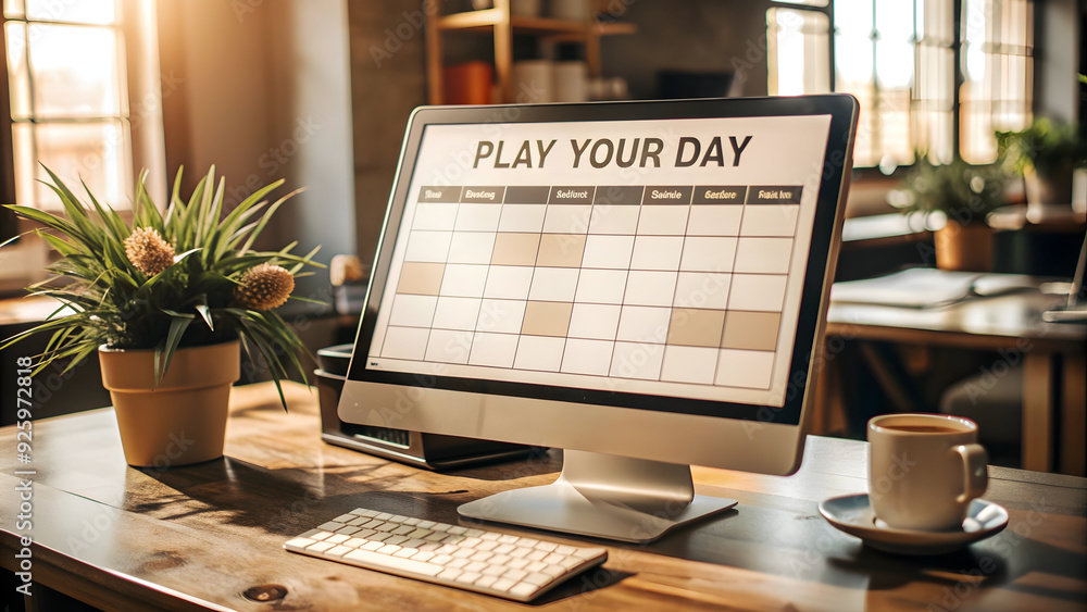 Poster 3d icon monitor and calendar with 'plan your day' text in border frame. camera pans across scene emp