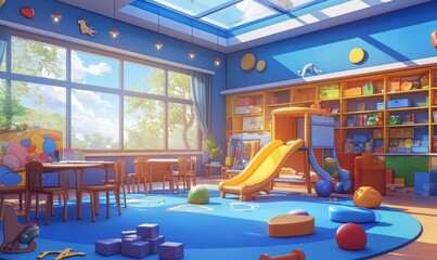 Vibrant Anime-Style 3D Playroom: Whimsical School Game Area for Children's Learning Adventures. Empty Classroom Awaits Back-to-School Magic. Perfect for Educational Marketing, Animated UI Design, and 