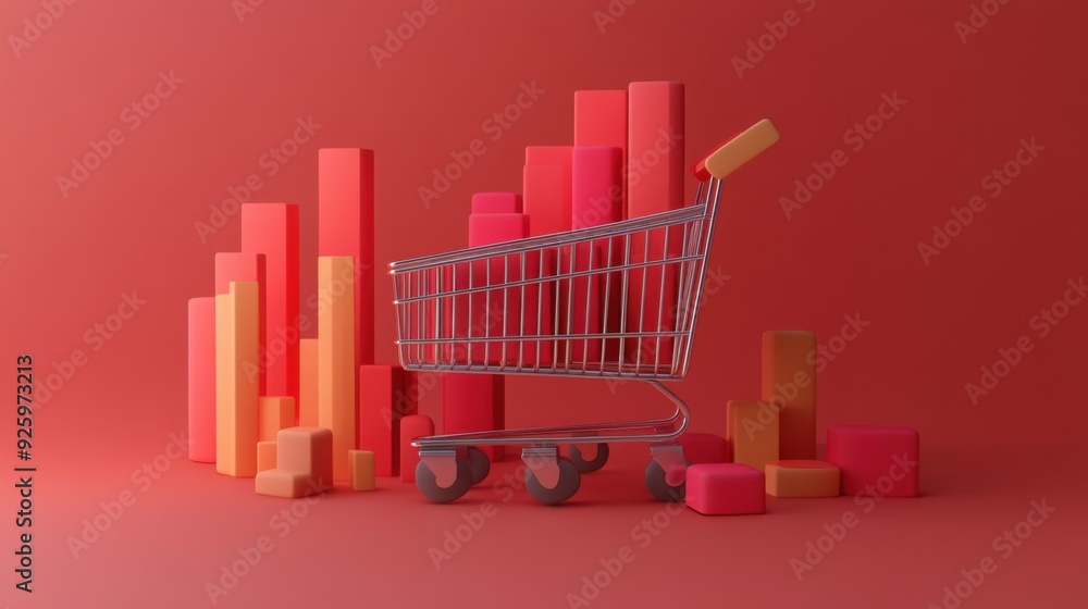 Poster analyzing ecommerce sales with digital cart and sales metrics - 3d illustration concept for growth s