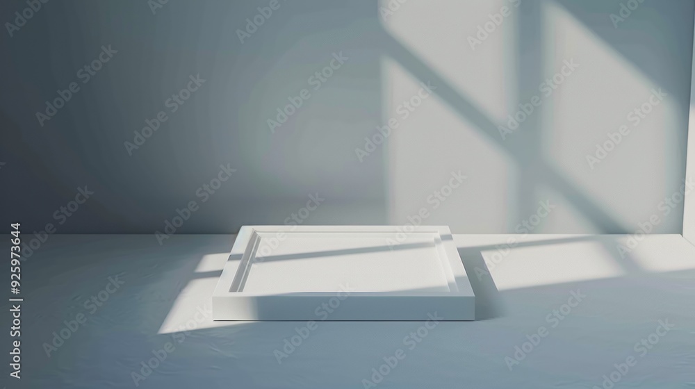 Poster soft shadows dance on the floor beside a minimalist white square object, capturing the tranquility o