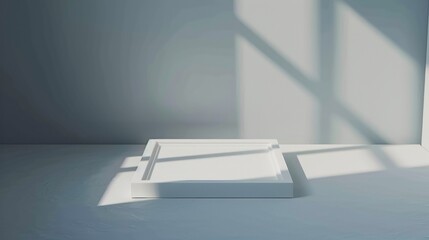 Soft shadows dance on the floor beside a minimalist white square object, capturing the tranquility of a sun-drenched space