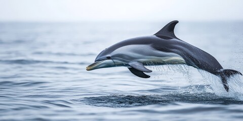 Obraz premium Detailed view of a playful dolphin leaping out of the water, illustrating the grace and agility of marine wildlife in their aquatic environment