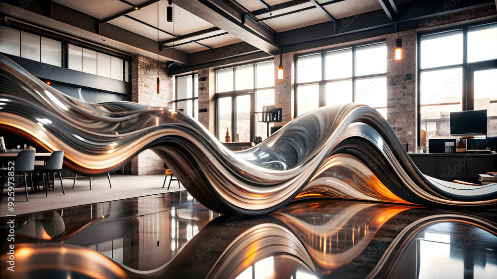 Poster abstract digital art of glossy waves symbolizing flexible remote work in a vibrant workspace. emphas