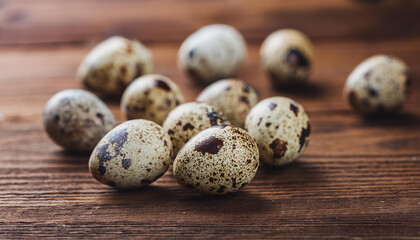 Obraz premium Fresh quail eggs on wooden table. Organic and tasty product. Delicious food. Culinary concept.