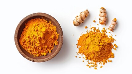 Turmeric spice in a wooden bowl and loose on white background. Bright yellow color showcases its vibrant nature. Ideal for culinary and health uses. A simple yet powerful ingredient. AI