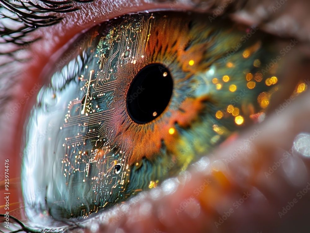 Aufkleber close up macro image of human eye with intricate circuit board pattern on its surface
