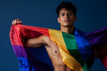 Latin queer man wrapped in lgbt flag on dark blue background in photography shot