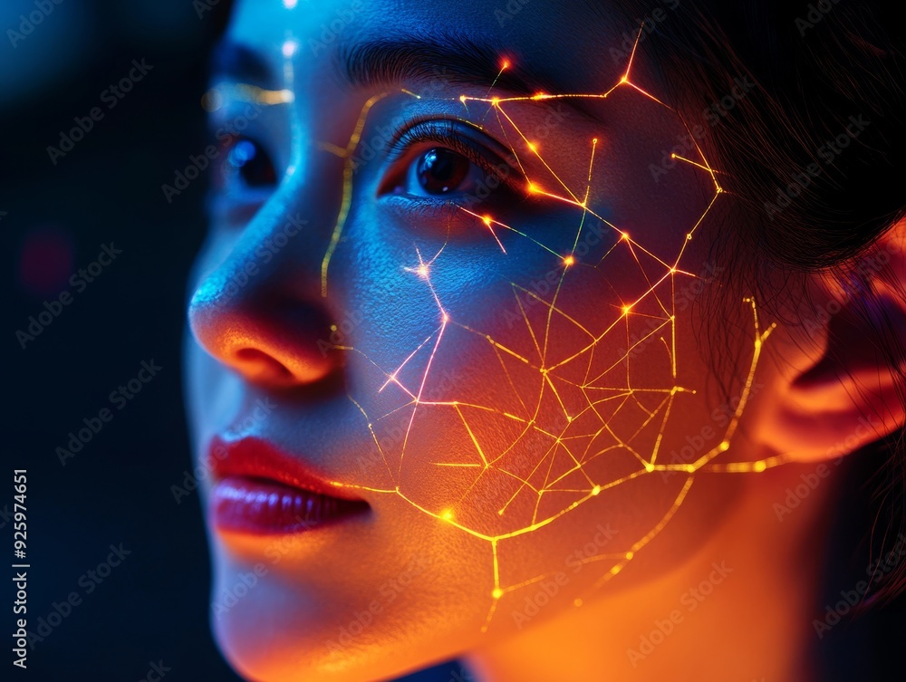 Poster modern biometric facial recognition tech close up of woman s face with illuminating mapping points