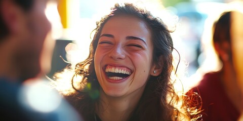 Close-up of a person laughing with friends at a caf+?, capturing the spontaneity and genuine emotion of a candid moment