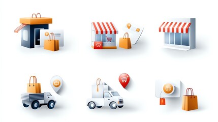 Set of isometric illustrations representing online and offline shopping, delivery and purchase.
