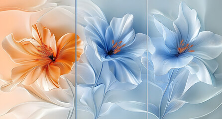 Obraz premium Three abstract botanical wall art panels in blue and orange with translucent flowers