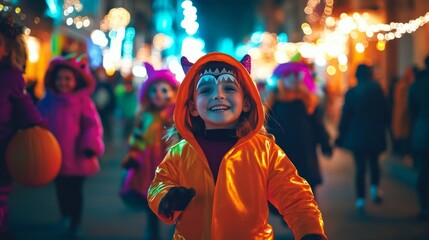 A joyful child in a bright orange coat celebrates Halloween night among friends. The colorful atmosphere is filled with laughter and fun. The street glows with festive lights. AI