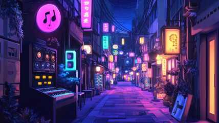 an anime style street with neon lights and music boxes at night, cartoon anime style, high quality image