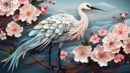 Birds crane modern. Japanese background with watercolor texture. 
