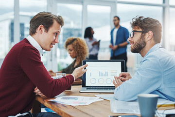 Business people, economy and men with laptop screen, charts and stats for stock market. Finance...