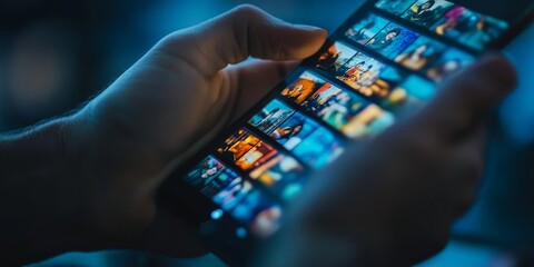 Macro shot of a userG??s hands sharing a photo on social media with a focus on the postG??s caption and filters, showcasing creative online interactions