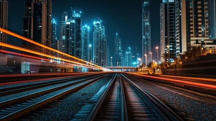 Fototapeta premium Cityscape with Train Tracks and Light Trails at Night.