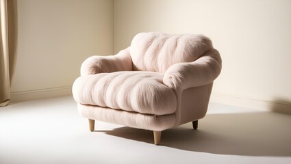 High resolution professional photograph of a solitary. Deep cream beige comfortable armchair on a plain backdrop. Comfort sofa isolated on light background.