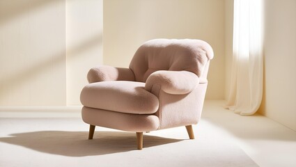 High resolution professional photograph of a solitary. Deep cream beige comfortable armchair on a plain backdrop. Comfort sofa isolated on light background.