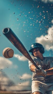 Close-up of baseball hit by bat, player striking with bat, focus on ball impact, summer game, softball