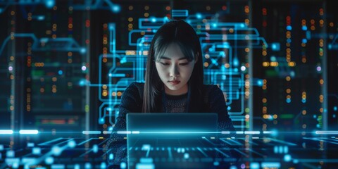 Laptop, network and data center with woman support engineer working in a dark server room on a futuristic background of programming, data, numbers. Computers, cybersecurity and analytics