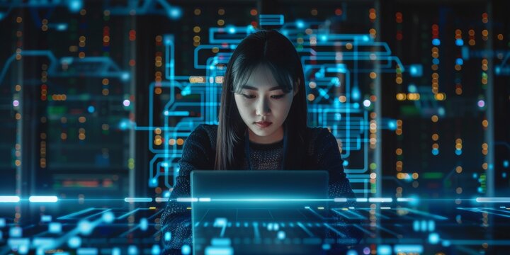 Laptop, network and data center with woman support engineer working in a dark server room on a futuristic background of programming, data, numbers. Computers, cybersecurity and analytics