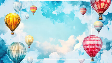 Obraz premium watercolor hot air balloons in the sky frame background, detailed hyper realistic image