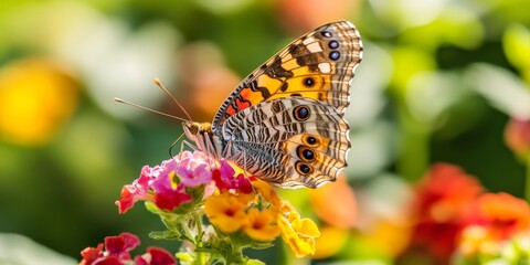Obraz premium Macro shot of a butterfly resting on a flower, highlighting the delicate patterns and vibrant colors of wildlife in a garden setting