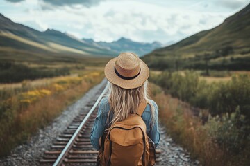 Solo eco travel  nomadic woman on train, digital nomad work journey, bleisure road trip photography