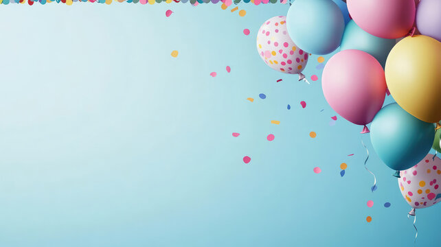 pastel blue background with balloon confetti drop edge border, detailed high resolution photo