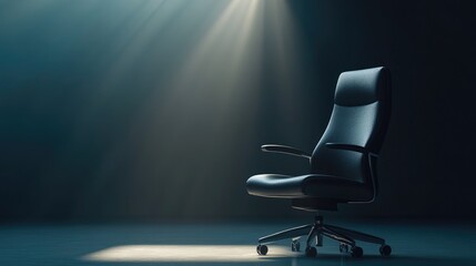 A spotlight shines on a professional office chair in a dimly lit space, creating a visual metaphor for career opportunities and leadership potential.