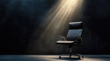 A spotlight shines on a professional office chair in a dimly lit space, creating a visual metaphor for career opportunities and leadership potential.