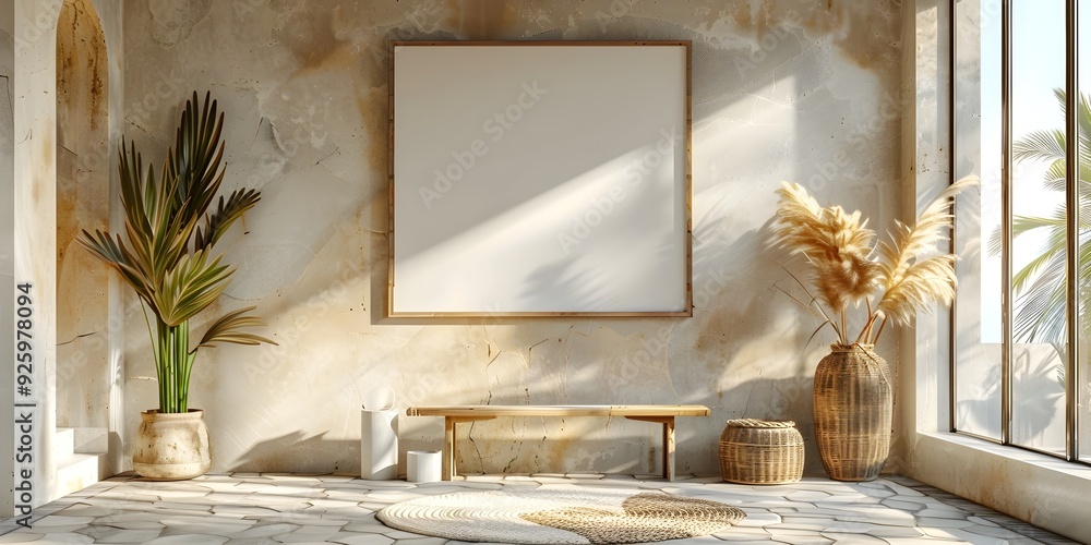 Poster bright and airy coastal foyer with textural stone tiles and prominently displayed empty frame inviti