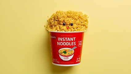 Default Instant noodles concept in cute blow on light yellow background. Instant noodles concept. A Tempting Bowl of Noodles Lifted Up by Chopsticks. Concept of Instant noodle Chopped with chopsticks.