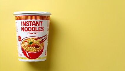 Default Instant noodles concept in cute blow on light yellow background. Instant noodles concept. A Tempting Bowl of Noodles Lifted Up by Chopsticks. Concept of Instant noodle Chopped with chopsticks.