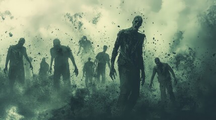 Fototapeta premium A swarm of zombies in a post-apocalyptic environment, their eerie presence and menacing appearance highlighting the terror of a zombie outbreak.