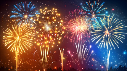 Colorful fireworks on dark red background