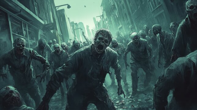 A swarm of zombies in a post-apocalyptic environment, their eerie presence and menacing appearance highlighting the terror of a zombie outbreak.