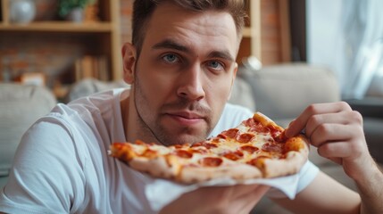 A young man savors a slice of pizza, immersed in the joy of his meal, set against a backdrop of a warm and inviting room