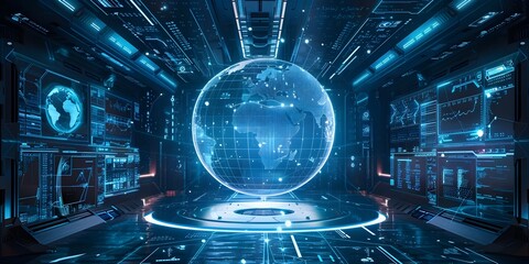 High Tech Room with Holographic World Globe and Digital Data Visualization