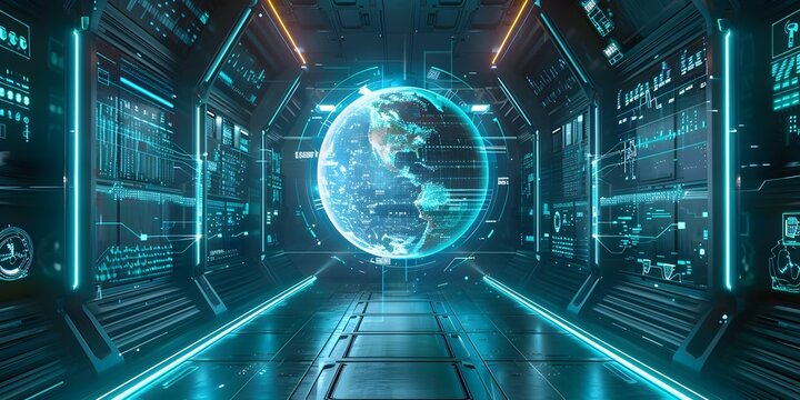 Futuristic High Tech Control Room with Holographic World Globe and Digital Data Visualization