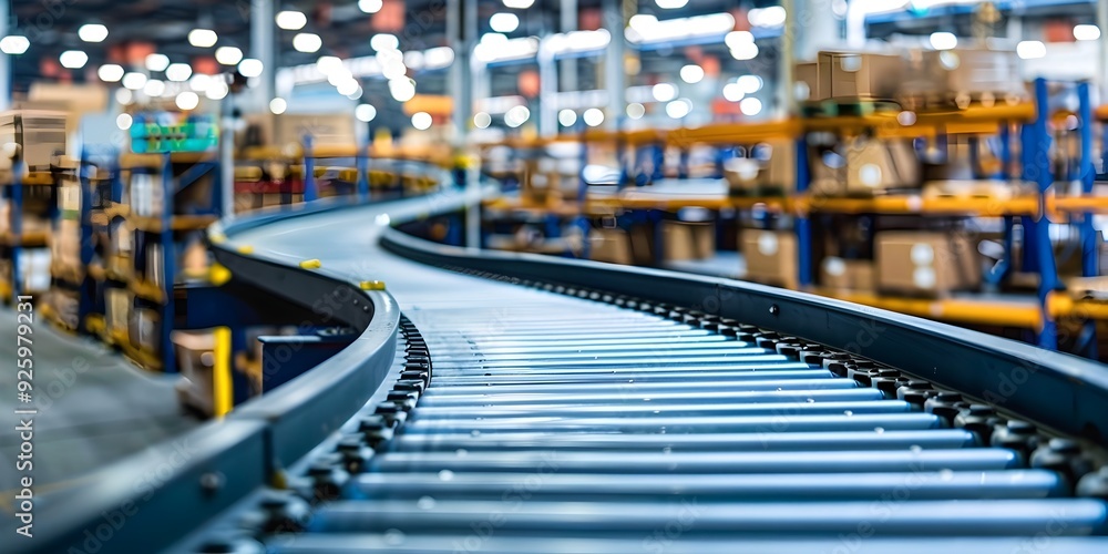 Aufkleber panoramic conveyor system in a bustling warehouse automated processing of online orders copy space