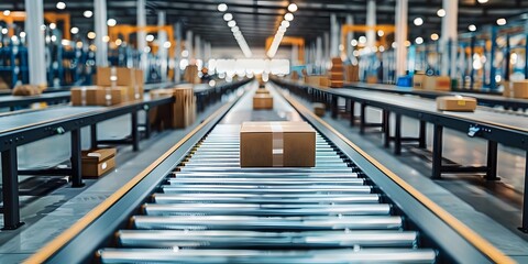 Obraz premium Expansive Automated Warehouse Conveyor Belt Transporting Packages for Global E commerce Delivery
