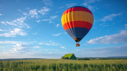 hot air balloon on the green farm on the blue sky background, detailed hyper realistic image