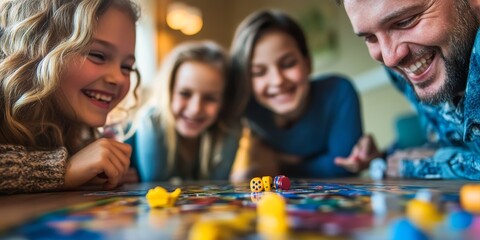 Macro shot of a family game night with board games and laughter, illustrating fun and engagement during quality family moments