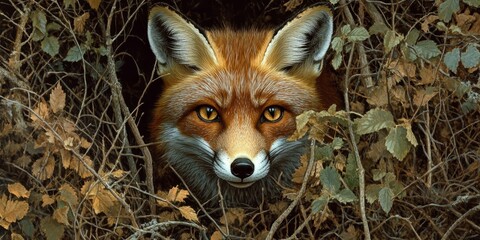 Fototapeta premium Close-up of a curious red fox peeking through the underbrush, capturing the enchanting and elusive nature of wildlife in a forest