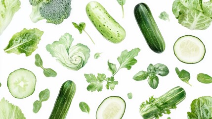 Green Vegetables Floating on White Background.