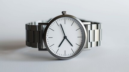 A minimalist stainless steel watch with a white face on a white background.