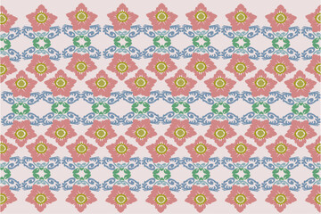 Seamless fabric pattern. Native damask pattern with orange and light blue flowers, European blue. White background illustration, vector, wallpaper.